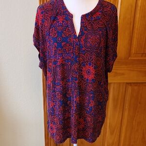 Dana Buchman Boho Blue and Red  Vee Neck Tunic Size XL